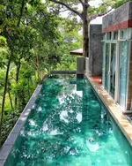 Private infinity pool at Ambong Ambong Langkawi surrounded by lush rainforest and modern villa architecture.