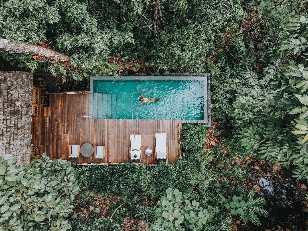 Aerial view of a rainforest pool villa at The Datai Langkawi with a private pool surrounded by dense tropical greenery.