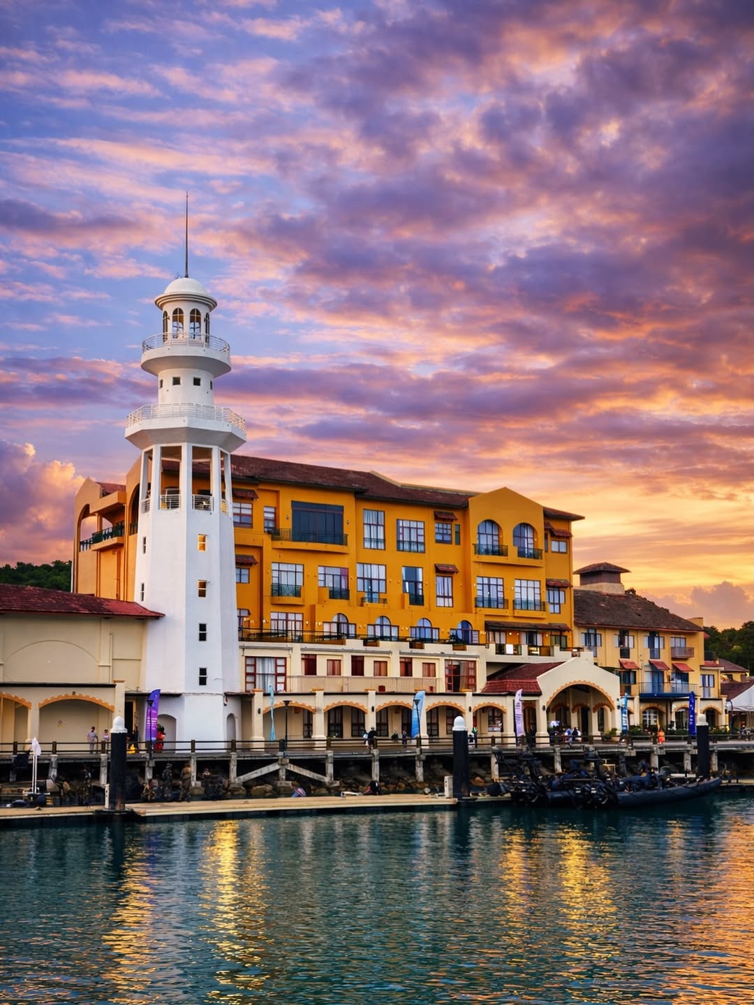Resorts World Langkawi featuring a colorful waterfront resort with a distinctive white lighthouse, marina promenade, Mediterranean-inspired architecture, and beautiful sunset views overlooking the Andaman Sea.