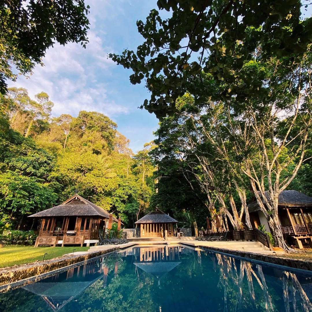 Saujana Private Villas Langkawi featuring a tranquil infinity-style swimming pool surrounded by luxury private villas, towering rainforest trees, traditional pavilions, and lush tropical landscapes in a secluded nature retreat.